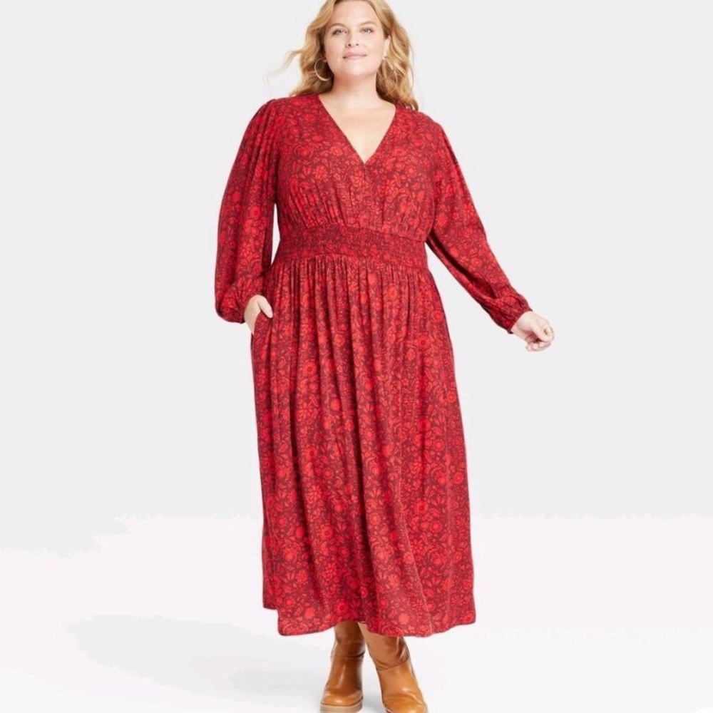 Knox Rose Dress Red Floral Long Sleeve V Neck Maxi Dress Sz 1X NWT